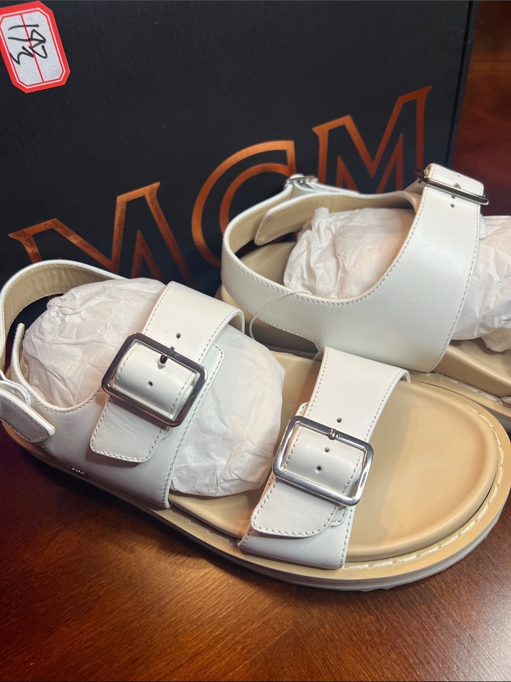 New- in box- Authentic-MCM White Leather Dual-Buckle Flat Sandals